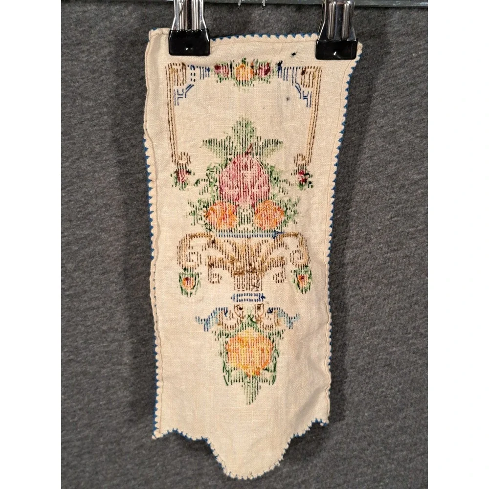 Vintage Handmade Cross Stitch Linen Floral Urn Scalloped Panels Set of 2 Cream